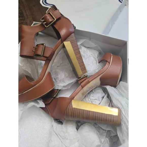 Women's Jessica Simpson Brown Platform Heels Size 8 with Gold Accents - Picture 5 of 6